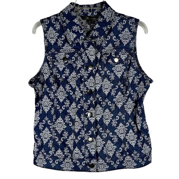 Baccini Floral Denim Style Sleeveless Button Down Collard Vest Large - Picture 1 of 9